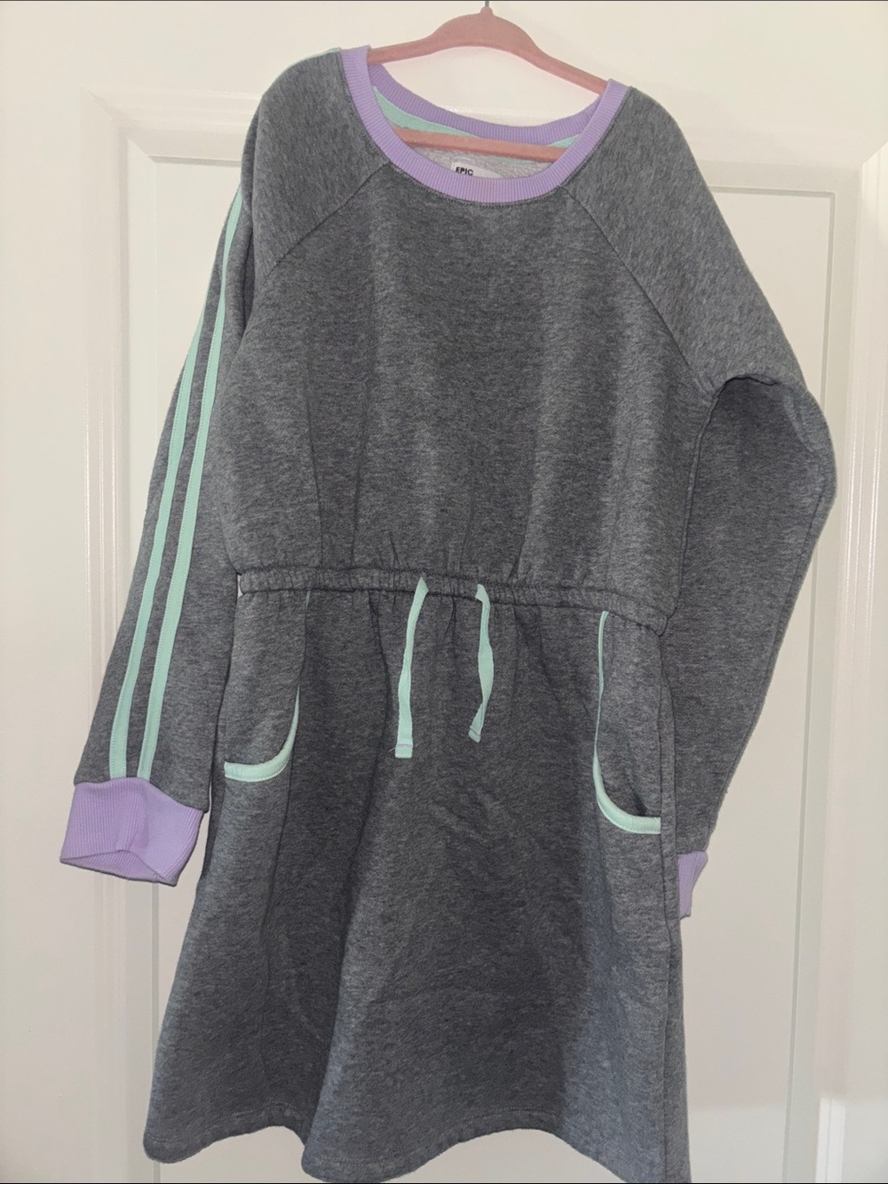 Girls Gray Sweatshirt Dress with Mint Stripes & Lavender Trim